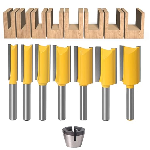 7pcs Straight Router BIT 1/4" Shank Tungsten Carbide Double Straight Dado Router Bit Set, 1/4,5/16,/3/8,1/2,19/32,43/64,23/32 Cutting Diameter Trimming Cutter for Woodworking
