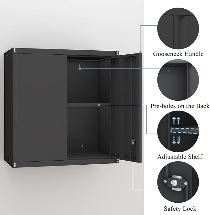 28" H Metal Wall Cabinet, Steel Wall Mount Storage Cabinets with 2 Doors and 1 Adjustable Shelf, Small Wall Cabinet for Kitchen, Garage, Laundry Room, Pantry, Black