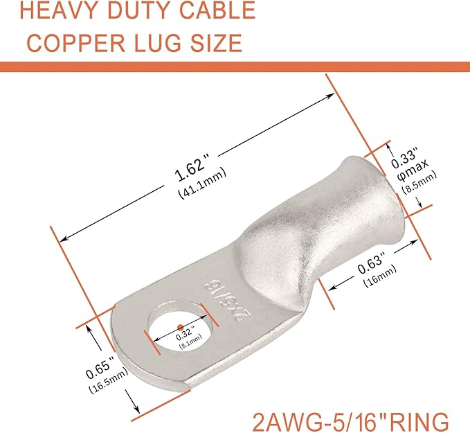 10pcs 2 AWG-5/16(M8) Tinned Copper Ring Terminals Battery Lugs, Heavy Duty Wire Lugs, Battery Cable Connectors
