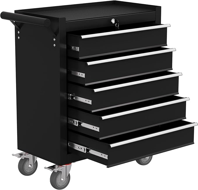 Rolling Tool Chest with Drawers, 5 Drawers Tool Chests & Cabinets, Metal Toolbox with Wheels, Lockable Storage Cabinet, Garage Tool Box with Drawers (Black, 5 Drawers)