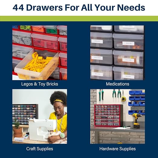 Akro-Mils 44-Drawer Plastic Drawer Storage Cabinet for Garage Organization, Bead Organizer, Building Bricks Storage, Teacher Toolbox, Makeup Organizer, 20-Inch W x 6-Inch D x 16-Inch H, 10144 Yellow