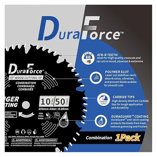 10 Inch 50 Tooth ATB Saw Blade with 5/8 Inch Arbor & DuraGuard Anti-Stick Coating for Miter Saws and Table Saws (DF1000SP50)