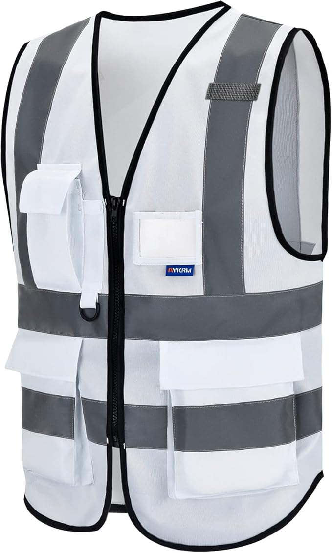 A-SAFETY XSmall White High Visibility Safety Vest with 4 Reflective Strips 7 Pockets,White X-Small