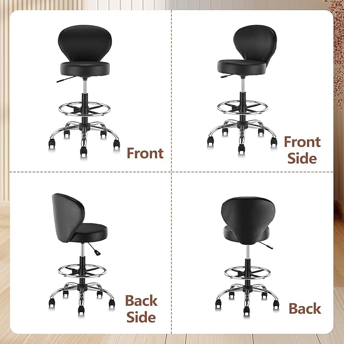 Black PVC Faux Leather Drafting Chair Set of 2 Rolling Swivel Salon Stool with Back Support Foot Rest Adjustable Hydraulic Seat Height for Massage Facial Spa Medical Drafting Tattoo Beauty