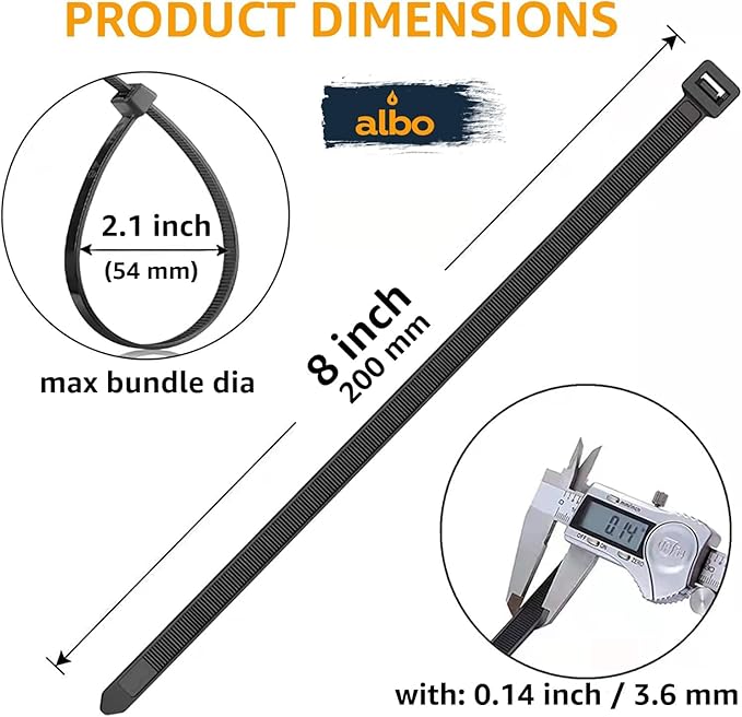 ALBO Zip Ties Black 8 Inch 5000 Pack 40 lb, Long Plastic Cable Ties Thick 0.14 Inch Tie Wraps Heavy Duty UV Resistant Nylon Wire Ties for Indoor and Outdoor / 5000pcs