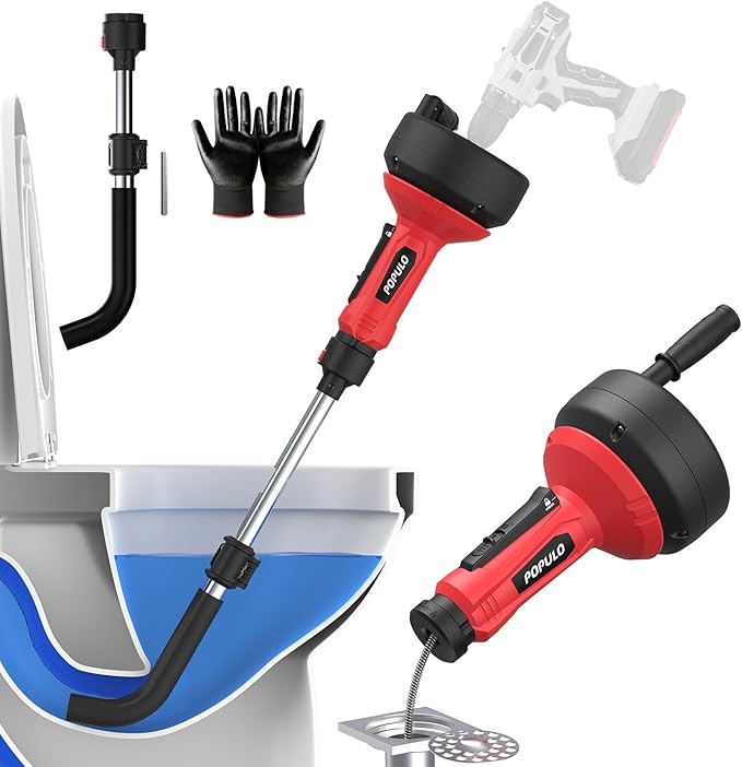 POPULO 16.5FT Toilet Snake Auger, Auto Feed Upgraded Drain Snake, Plumbing Toilet Hair Drain Clog Remover with Extension Tube for Toilet, Shower, Bathtub, Kitchen, Sink