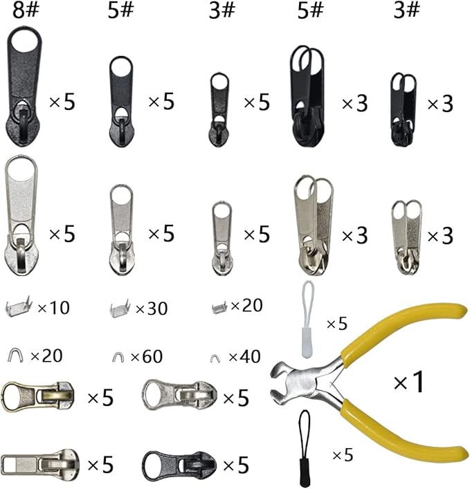 253Pcs Zipper Repair Kit with Installation Pliers, Zipper Extension Pulls for Sleeping Bags, Jackets, Tents, Luggage, Backpacks, Boots