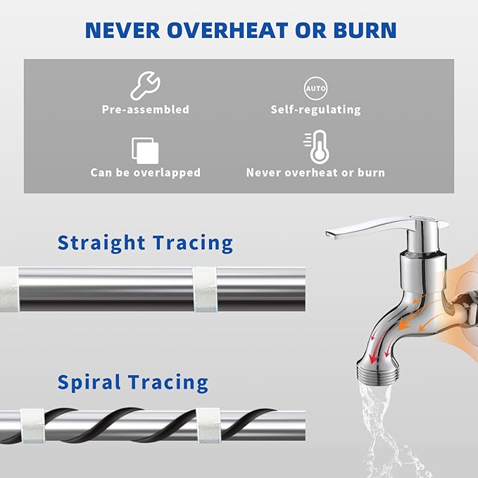 6FT Heat Cable for Water Pipes, Prevent Freezing & Easy Installation, Water Pipe Heat Cable With Thermostat Self-Regulating, Pipe Heating Trace System 120 V
