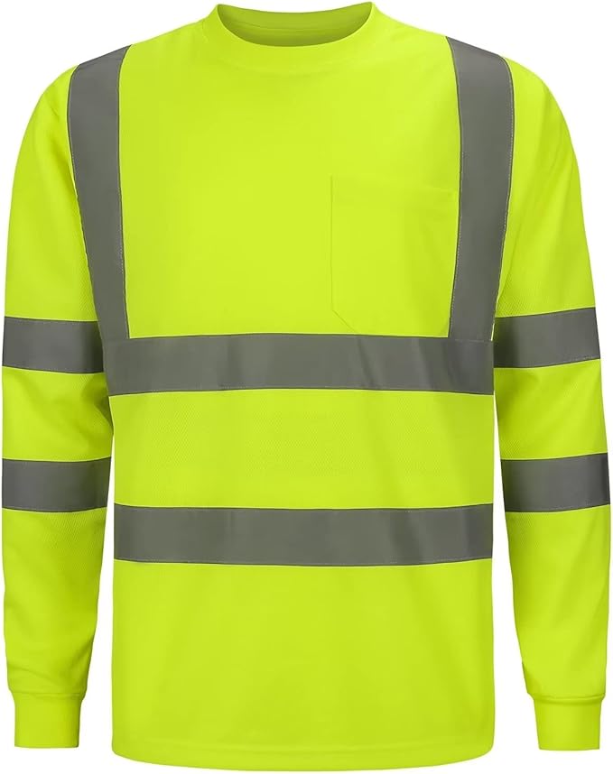 High Visibilty Class 3 T Shirts, Hi vis Safety Shits with Refective Strips and Pocket, ong Sleeve Quick Dry Mesh Construction Work Shirt for Men/Women Lime,Large
