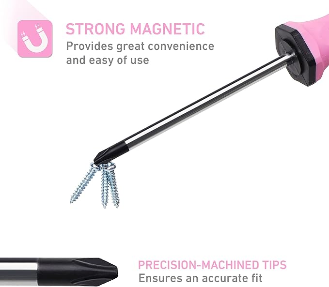 FASTPRO 8-Piece Pink Magnetic Screwdrivers Set with 4 Phillips and 4 Slotted Tips, Precision Screwdriver Repair Tool Kit for Women