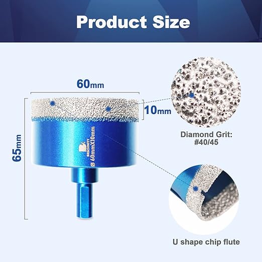 Dry Diamond Core Drill Bit Set,BRSCHNITT 2 3/8 Inch (60mm) Diamond Hole Saw Core Drill Bit with Triangle Shank for Porcelain Tile Ceramic Stone Granite Marble