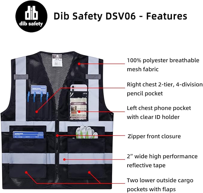 Dib Safety Reflective Mesh Vest High Visibility with Pockets and Zipper, Black Mesh 3X