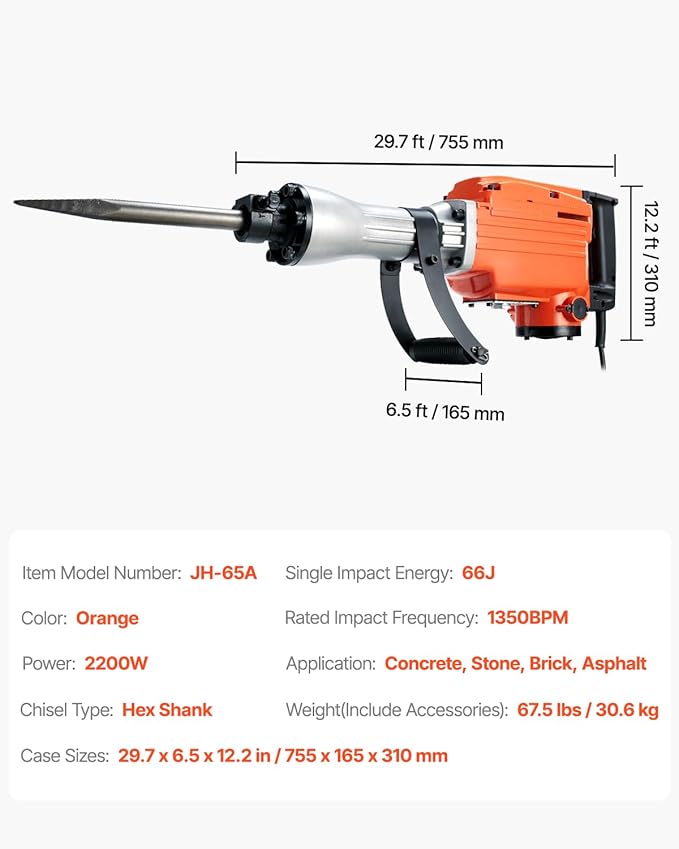 VEVOR Demolition Jack Hammer, MAX 2200W Electric Jackhammer Heavy Duty, 1350 BPM Concrete Breaker 6pcs Chisels Bit Chipping with Case