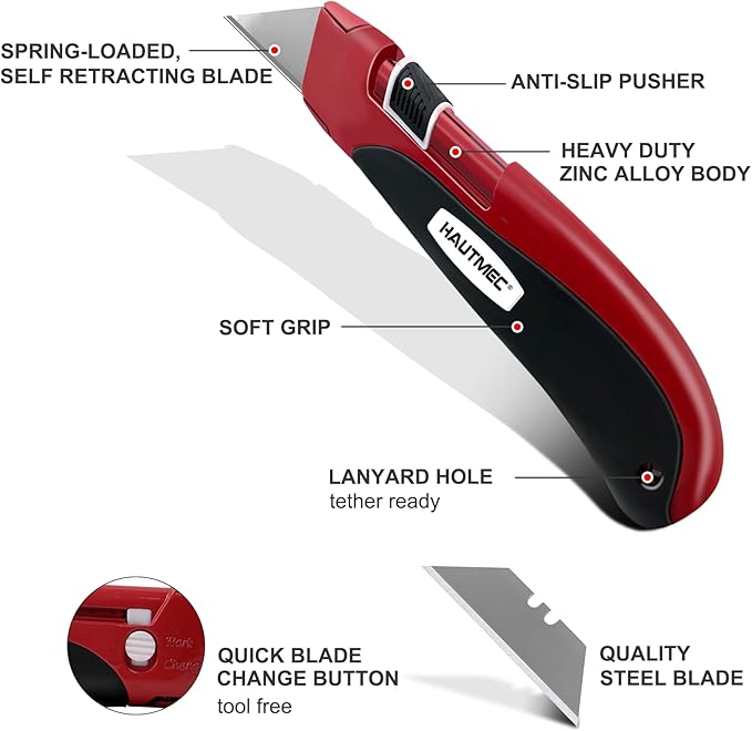 HAUTMEC High Safety Utility Knife, Self-retracting Box Cutter with Double Safety Mechanism - Automatic Blade Retraction After Cuts & Self-retraction by Release Push Button – HT0195