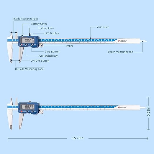 Dasqua 12”/300mm Digital Caliper, Stainless Steel Precision Measuring Tool, Large LCD, Eco-Friendly Case, 0.0005”/0.01mm Resolution, 0.001”/0.02mm Accuracy