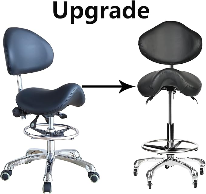 Saddle Stool Rolling Chair Tall with Backrest Foot Rest Hydraulic Swivel Adjustable Height Ergonomic Tilt Thick Seat with Casters for Dental Hygienist Eyelash Technician Hairstylist Black