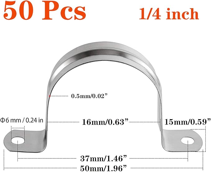 SDY 50 Pcs 1/4" Stainless Steel Pipe Strap, Two Hole, U Bracket, Heavy Duty Pipe Clamp (16mm)