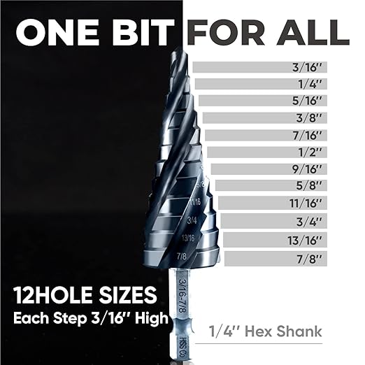 toolant Four Spiral Flute Cobalt Step Drill Bit(Pro), 3/16" - 7/8"(12 Step Size) Impact Ready Unibit Step Drill Bit, 1/4" Hex Shank Step Bit for Metal, Stainless Steel, Aluminum, Plastic