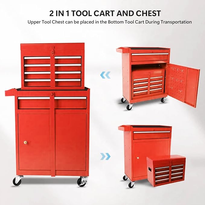 Rolling Tool Chest - 5 Drawers Tool Box Organizer with Lockable Wheels, Sliding Drawers, Detachable Top Tool Box - Tool Storage Cabinet for Garage Workshop, Red
