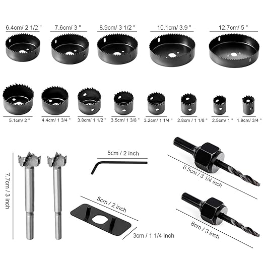 Hole Saw Set, 22PCS Hole Saw Kit with 3/4" to 5" (19mm-127mm) 13Pcs Saw Blades, Mandrels, Installation Plate, Drill Bits, Hex Key with Storage Box, Ideal for Soft Wood, Plywood, Drywall, PVC
