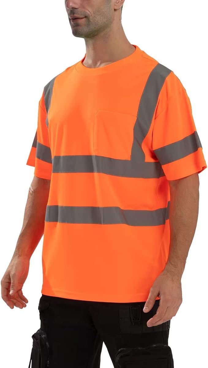 High Visibility Class 3 T Shirts，Hi Vis Safety Shirts with Reflective Strips and Pocket, Short Sleeve Quick Dry Mesh Construction Work Shirt for Men/Women Orange,2XL