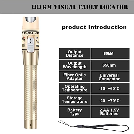 Visual Fault Locator,80-100KM Fiber Optic Cable Tester Meter, VFL Red Light Pen Light Source Testers (Golden)