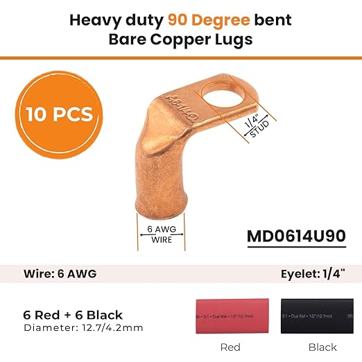 SELTERM 10pcs - 6 AWG 1/4" Stud - 90° Bent Battery Lugs - Ring Terminal Connectors with 12pcs 3:1 Black & Red 1/2" Heat Shrink Tubing - Heavy Duty Battery Cable Ends - Bare Copper Wire Connectors Kit