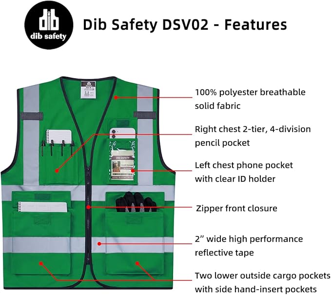 Dib Safety Reflective Vest High Visibility with Pockets and Zipper, Green 3XL