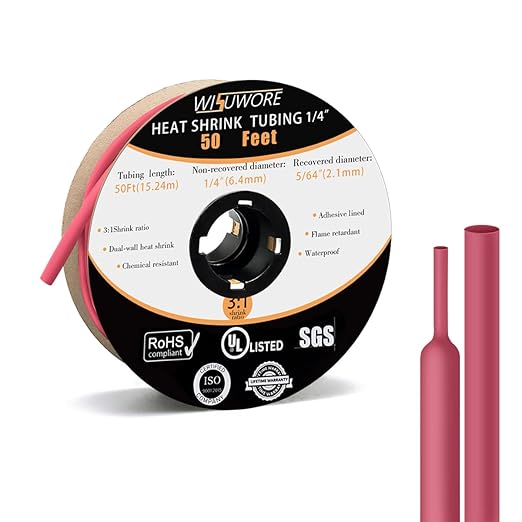 UL Certified & RoHS Certified 3:1 Heat Shrinkable Tubing with Adhesive Lining 1/4 in Industrial Grade Sleeving Tube Wrap Cable Wire 50 Feet Roll for Wire Insulation