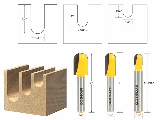 YONICO Round Nose Core Box Router Bit Set 3 Bit 1/4-Inch Shank 14361q