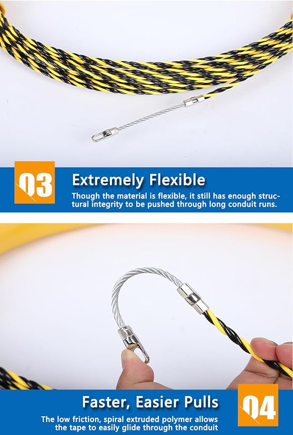 Electrical Fish Tape 1/6-Inch x 100-Foot Fish tape Wire Puller 100ft PET Diameter 3 Wires Twisted with Guide Spring Optimized Housing and Handle Wire Threader Wire Puller【4.5mm*30m】