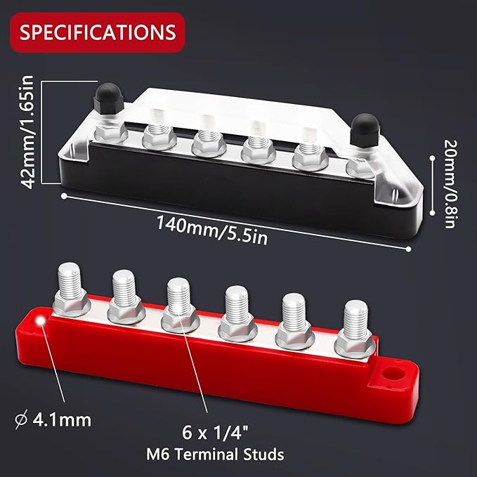 150A 12V Bus Bar Marine, 1/4" Power Distribution Block, Battery Buss Bar, Automotive Busbar Terminal Block for Car and Boat, 6 x 1/4"(M6) Studs (Black+Red)