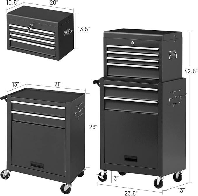 S AFSTAR 6-Drawer Rolling Tool Chest, High Capacity Tool Storage Cabinet with 4 Hooks, Locking System and Universal Wheels, 2-in-1 Detachable Large Toolbox for Garage Workshop (Black)