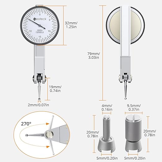 Neoteck 0-0.03"/0.0005" Dial Test Indicator with 132lbs(60kg) Max Pull Magnetic Base Stand Test Indicator Set with 3/8 inch (9.52mm) Clamping Hole for Machine Set-Up and Narrow Area Measurement-Silver