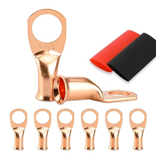 Battery Cable Ends, 8PCS 8 Gauge Wire Connectors 1/2 Copper Wire Lugs, Bare Copper Eyelets with Heat Shrink Tubing