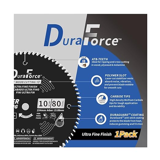 10 Inch 80 Tooth Professional Fine Finish ATB Saw Blade with 5/8 Inch Arbor & DuraGuard Anti-Stick Coating for Miter Saws and Table Saws