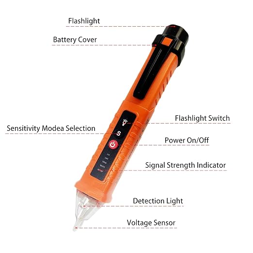 Voltage Tester, Non-Contact Voltage Detector, Electrical Tester, 3 Ranges AC 12V/48V/70V-1000V, Live/Null Wire Tester with Buzzer Alarm and Flashlight, Wire Breakpoint Finder - Orange