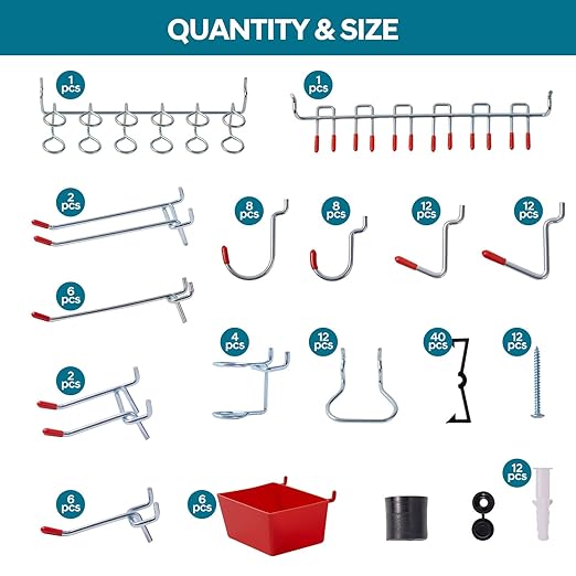 Pegboard kit with Accessories,Includes 2 Pack 16" X 24" Steel Pegboard and 120 PCS Varied Pegboard Accessories,can be Used for Tool Storage and Garage Organization. (Red Box)