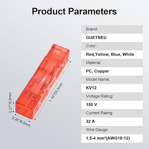 20Pcs Plug-in Quick-Connect Terminal Blocks, 1-in-1-out Wire Connectors, Convenient Wiring KV12, Replaces Electrical Tape (Red Blue Yellow White)