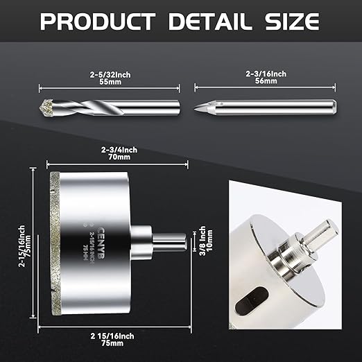 2-15/16inch | 75mm Diamond Hole Saw with Center Drill bit and Diamond-Coated Center Drill bit for Ceramic Glass Marble Fiberglass Granite and Porcelain Tiles by CENYB