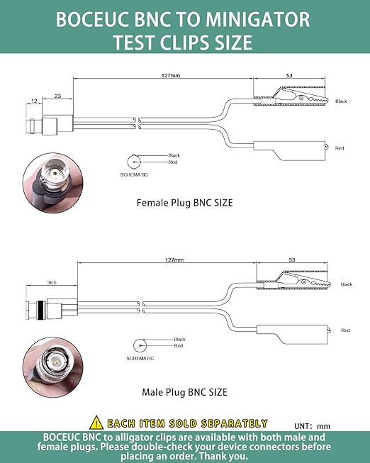 BNC Test Leads, BNC (F) to Alligator Clip, Test Lead Breakout Cable for Multimeter, 5A Current Rating, 1 Pack