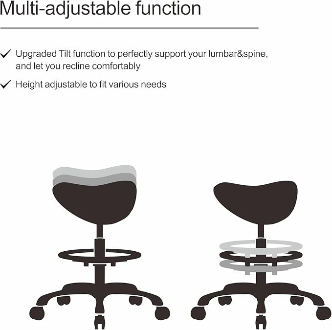 Grace&Grace Ergonomic Rolling Saddle Stool Chair with Wheels Adjustable Swivel Stool with Back and Footrest Heavy Duty for Esthetician, Artist, Dental, Medical, Spa, Salon, Cutting, Home Office