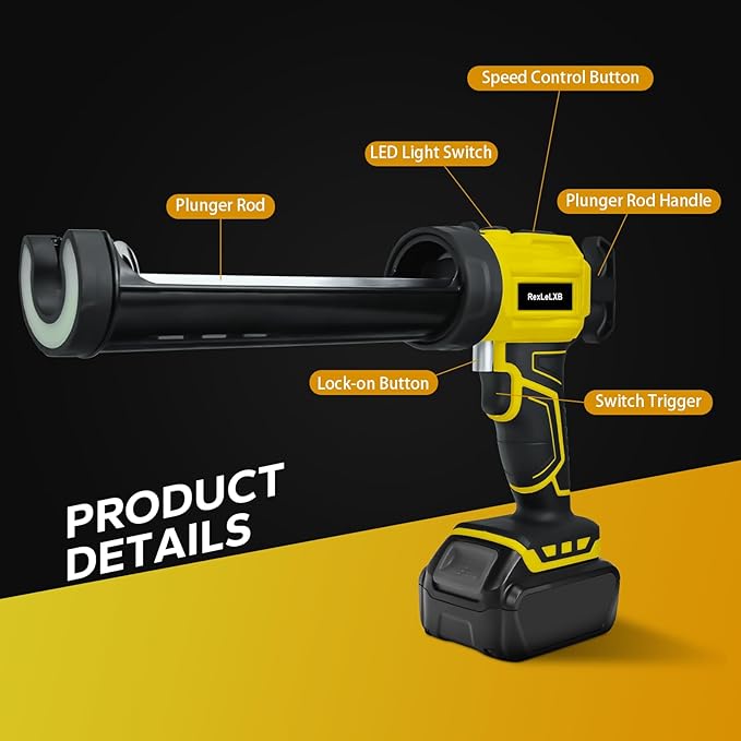 Cordless Caulking Gun for Dewalt 20V Battery, Electric Caulk Adhesive Gun with 450lm LED Light, 4 Adjustable Speeds, Drip-free Caulk Gun, 10oz/300ml Caulking Tool for Filling, Sealing(No Battery)