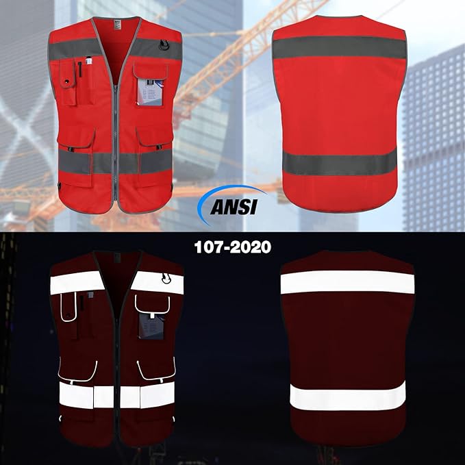 TCCFCCT Hi Vis Vest 9 Pockets High Visibility Reflective Safety Vest for Men Women, Safety Construction Vest with Reflective Strips, Meets ANSI/ISEA Standards, (Red, Medium)