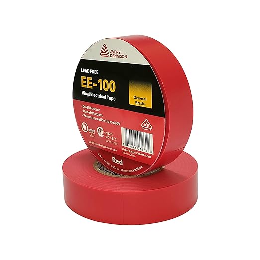Avery Dennison Electrical Tape, General Use PVC Electric Tape, UL/CSA Listed Insulating Vinyl Tape for Electrical, Repairs, Automotive and Equipment, EE-100, ¾ in x 66 ft, Red, 1 Roll