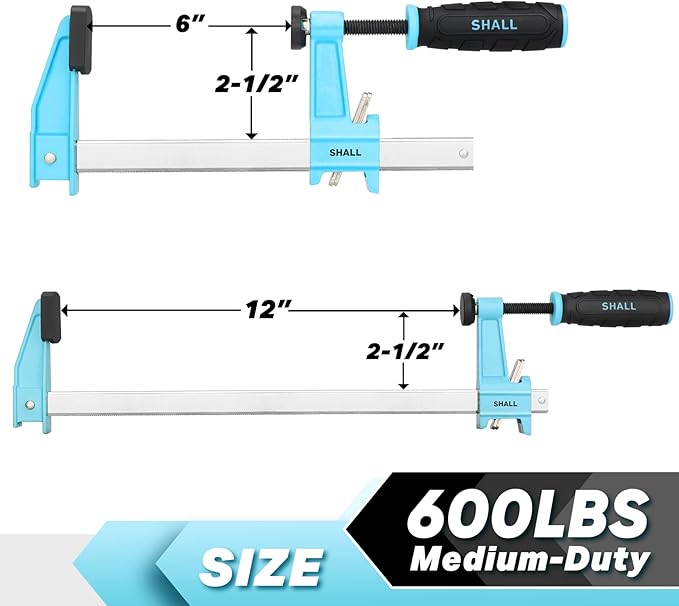 SHALL 6-Inch & 12-Inch Steel Bar Clamps Set, 4-pack Medium-Duty Quick-Release F Clamps, 600 Lbs Load Limit for Woodworking, Metal working, DIY and Crafts