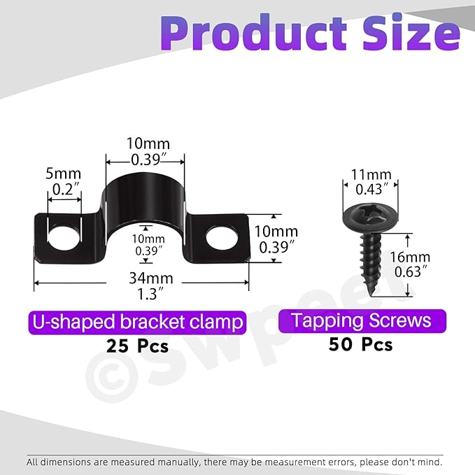 Swpeet 25Pcs 10mm Two Hole U Bracket Clamp with 50Pcs Self-tapping Screws Kit, U-Clamps, Metal Pipe Clamps, Pipe Strap Clamps, Conduit Tension Clips for Fixing Pipe or Cable