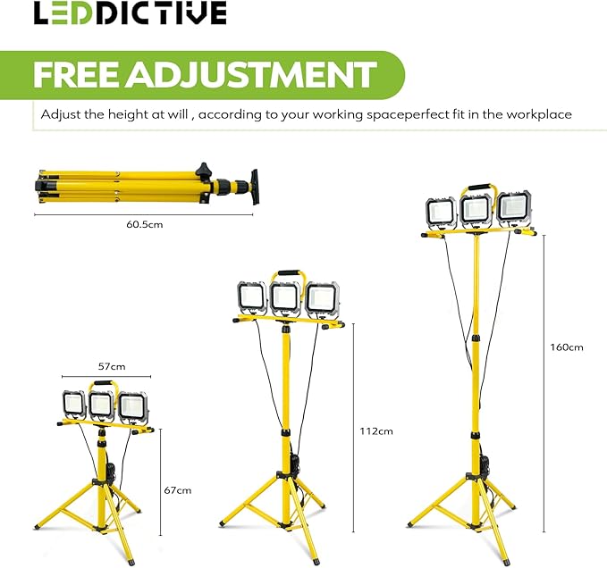 15000LM Work Lights with Stand, IP66 Waterproof 6000K LED Work Light with Foldable Tripod Stand, 3 Head Portable Work Light with Individual Switch for Indoor Outdoor Lighting