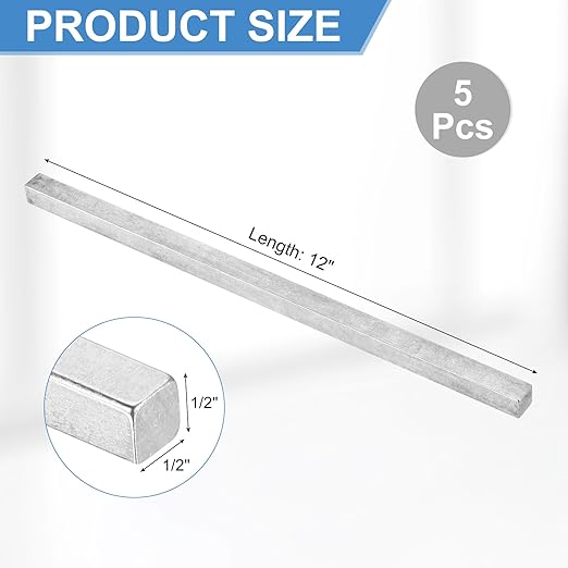 uxcell 5 Pcs Square Steel Key Stock, 1/2" x 1/2" x 12" Cold-Drawn 45# Steel Bars Precision Key Stock for Gearbox Coupling, Silver Tone