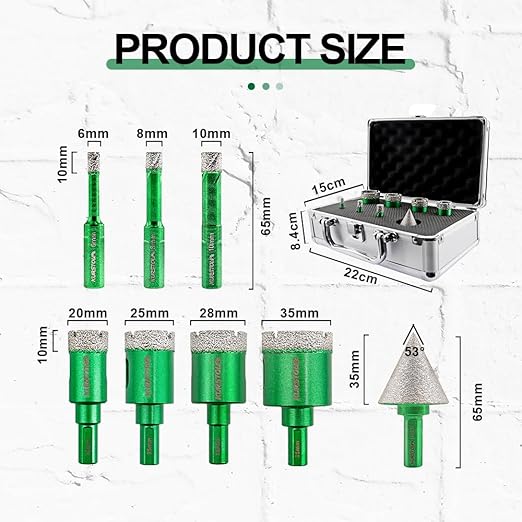 Diamond Core Drill Bit Kit - 6/8/10/20/25/28/35mm Triangle Shank+35mm Hex shank Beveling Chamfer Bit Tile Hole Saws for Dry Drilling Porcelain Ceramic Tile Granite Marble Stone